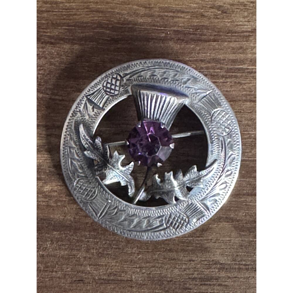 Vintage Ward Brothers WBS Scotland Sterling Silver Thistle Brooch Amethyst Pin